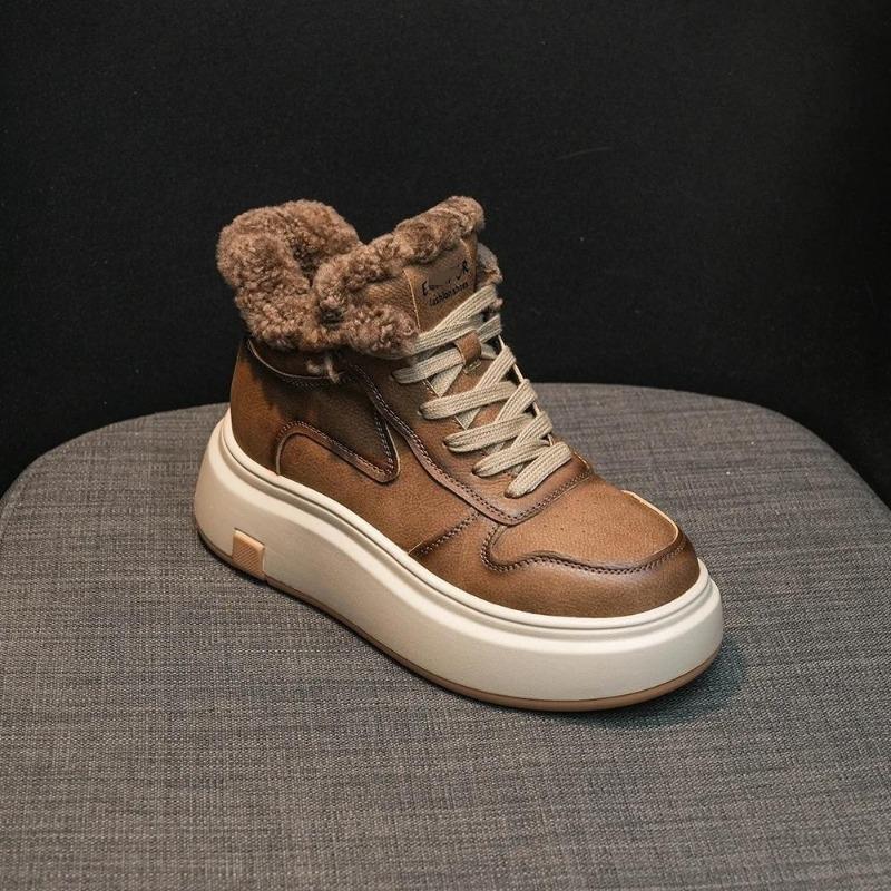 

High-top thick-soled cotton shoes women s velvet thickened board shoes leather surface versatile muffin running casual winter sports white shoes 40 темно-коричневого