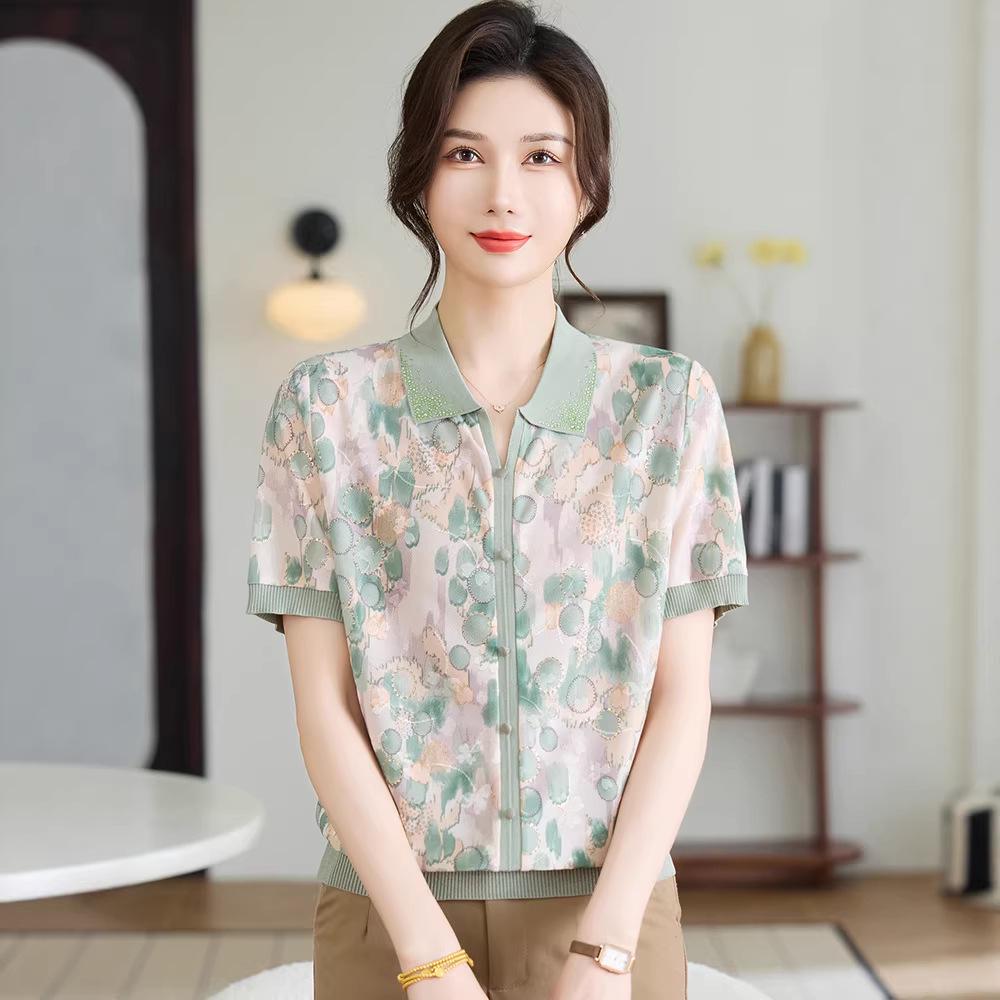 Mom's Ice Silk Short-Sleeve Blouse | Stylish Summer Knit T-shirt for Middle-Aged & Elderly Women
