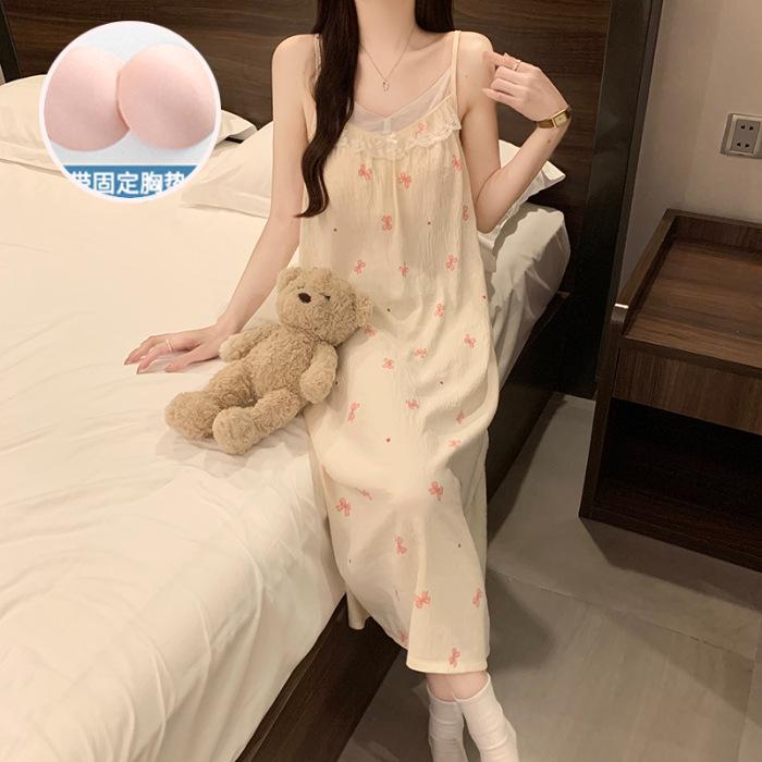 2026 Women's Cloud Cotton Spaghetti Strap Nightgown with Chest Pads, Sweet Long Dress for Home or Outdoors