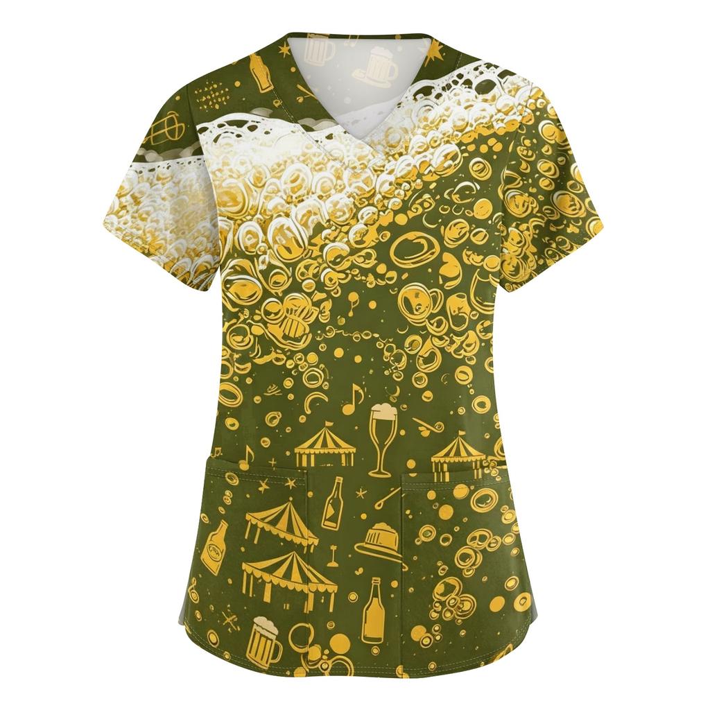 Womens V Neck Short Sleeve Work Shirt with Pockets Beer Festival Print Casual Medical Scrub Top for Caregivers Nurses and Hospitality Staff