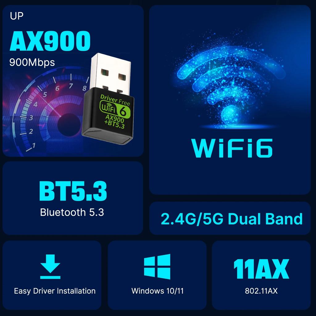 WiFi 6 AX900 Bluetooth 5.3 WiFi USB Adapter Wireless Network Card 2.4G&5GHz Wi-Fi Antenna USB For PC/Laptop Win10/11 Driver Free