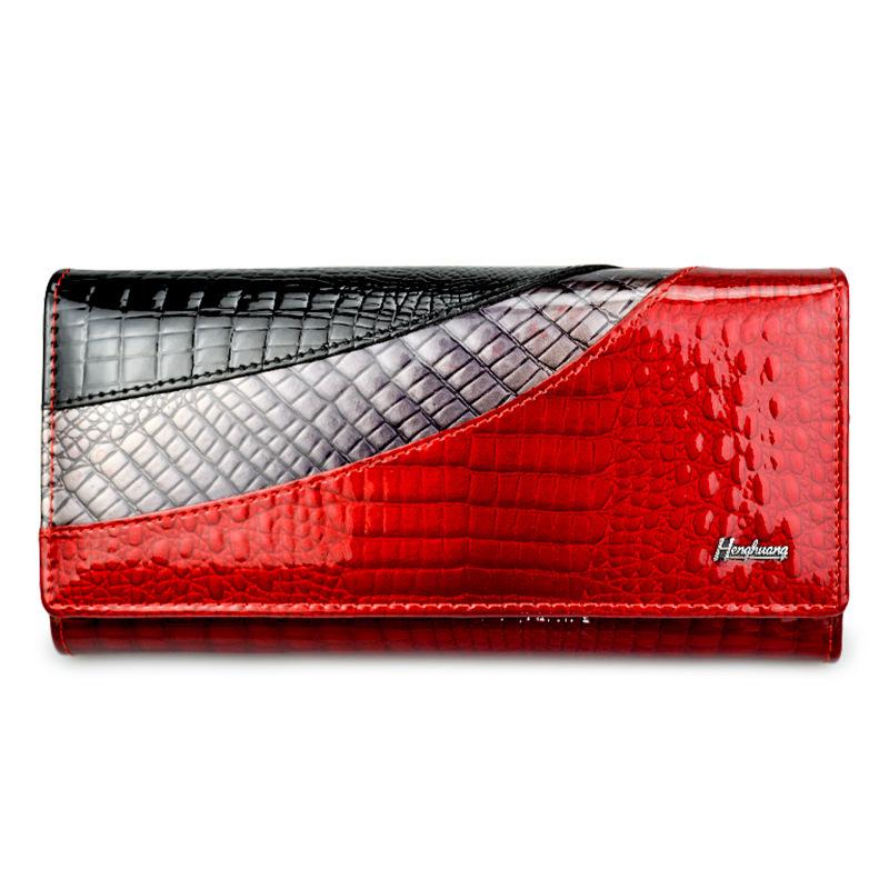 Women's Genuine Crocodile Pattern Patent Leather Wallet with Snap Button and Card Holder