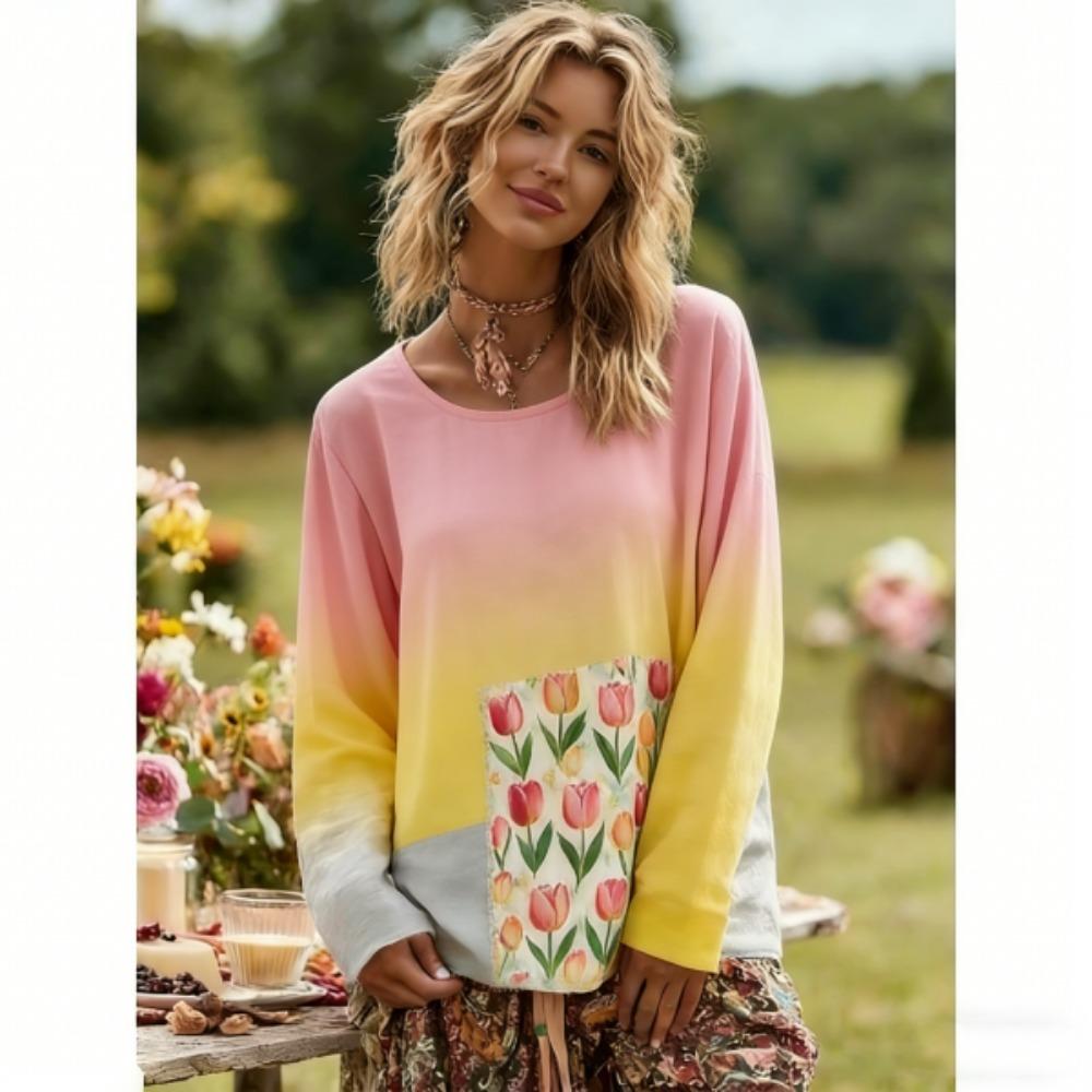 Europe America Fashion Floral Gradient Color Print Pullover Comfortable Women Long Sleeve T-shirt Outdoor Oversized Tees Top