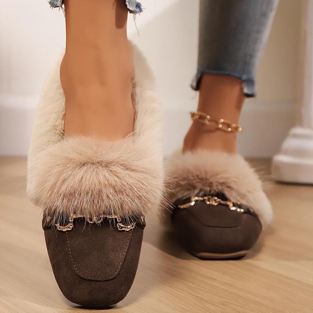 Fluffy Loafers with Decorative Buckles, Warm and Cozy for Winter, Easy Slip-On Flat Shoes for Women