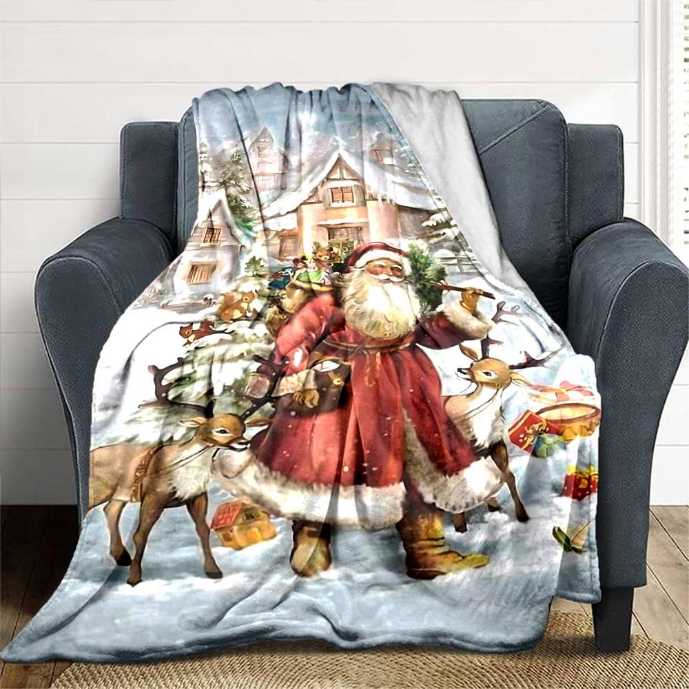 1pc Santa Claus, Snowy Village Blanket Lightweight Flannel Throw for Sofa Bed Travel Camping Livingroom Office Couch Chair