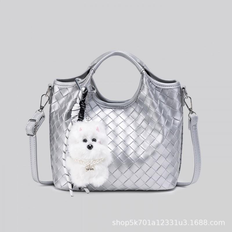 Woven Bucket Bag Women Fashion Crossbody Shoulder With Plush Dog Charm Handbag Commute