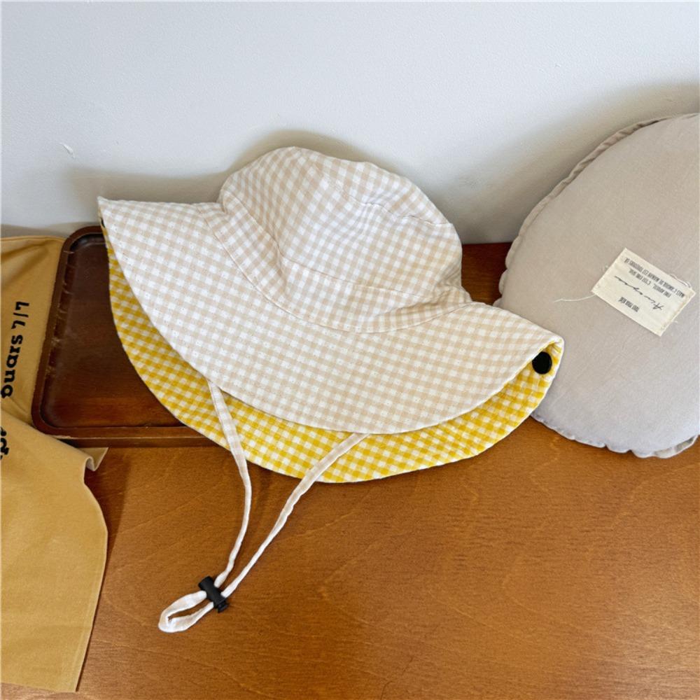 Drawstring Boys Girls Bucket Cap Lattice Baby Sun Hat Breathable Children Fisherman Hat  Outdoor