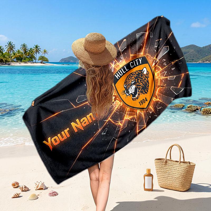 Hull City Individuelles Strandtuch, Personalisierter Namens-Textdruck, Fußball-Logo Weiches Schnelltrocknendes Handtuch Urlaubsgeschenk