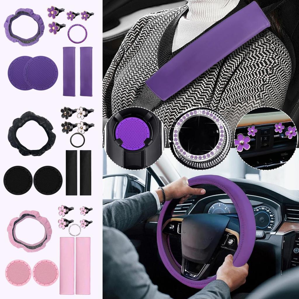 10pcs Women's Leather Steering Wheel Cover, Car Accessories Set With Seat Belt Shoulder Pads,  Start Button Ring Sticker, Vent Clip, Car Accessories