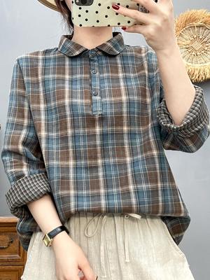 Retro Double-layer Cotton Plaid Women's Doll Collar Pullover Shirt - Long Sleeve, Soft, Skin-friendly.