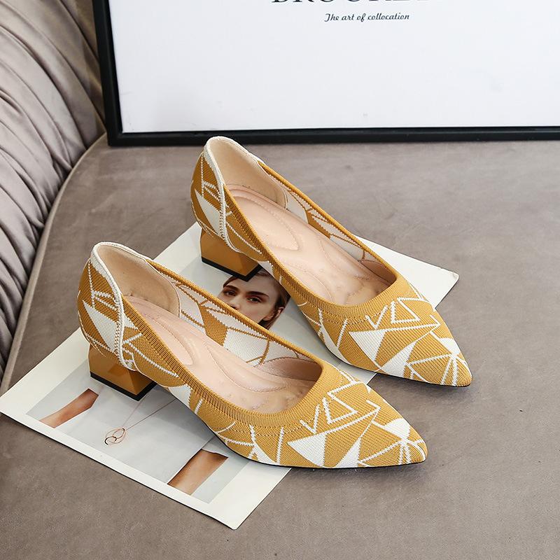 High heels single shoes leopard print flying woven pointed thick heel light mouth medium heel woven high heels women