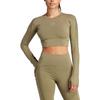 Adidas X Stella McCartney Truestrength Cropped Long Sleeve Solid Color Round Neck Fitted T-Shirt Women tops Olive-Green IT5714