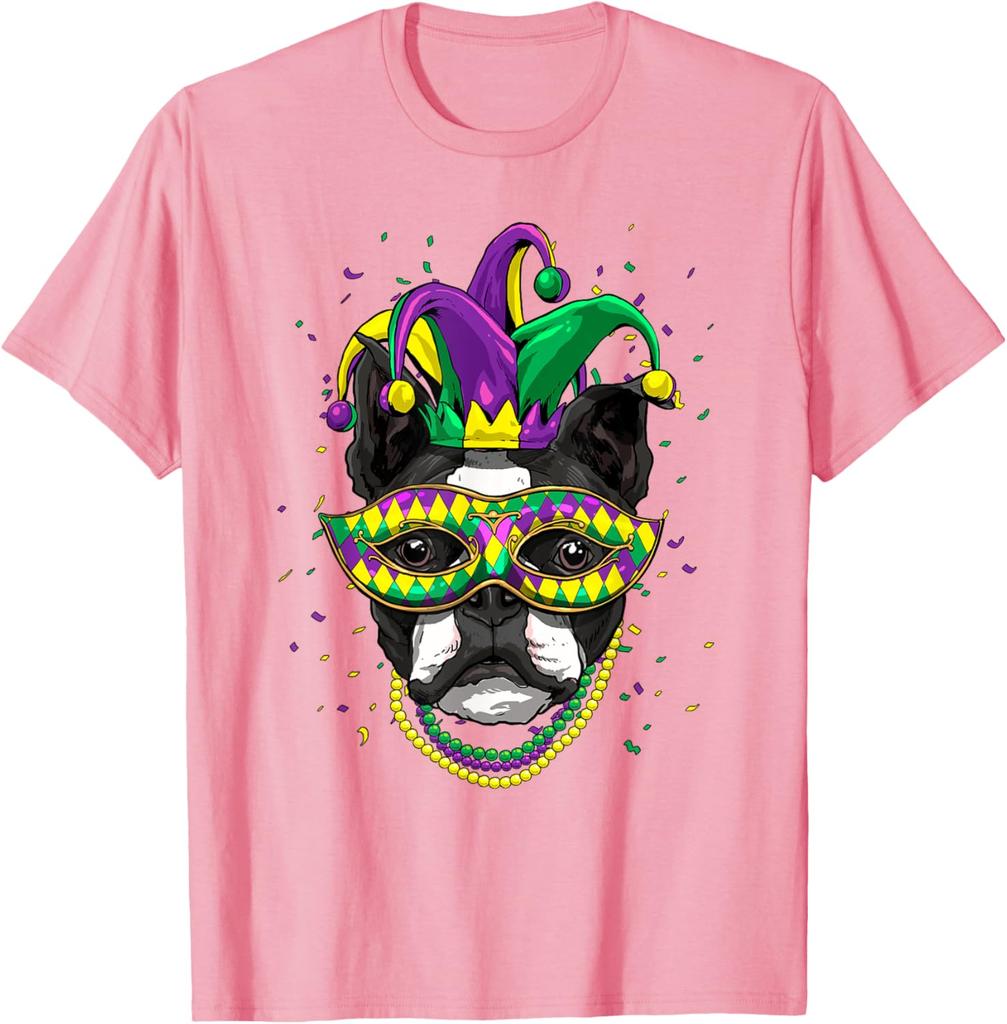 Boston Terrier Mardi Gras Jester Dog Graphic Tee Cute Carnival Print T-Shirt