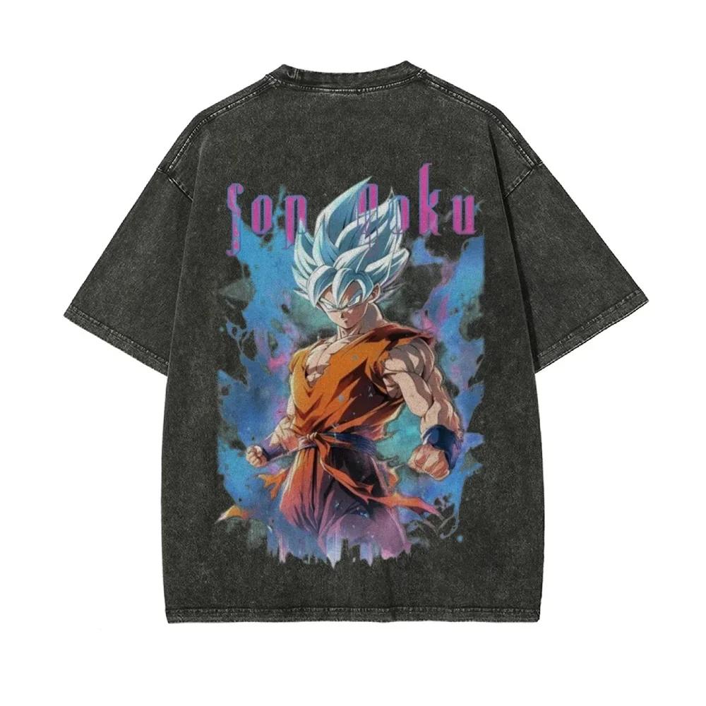 Anime Dragon Ball Z Vegeta Vintage Wash T-Shirt Short Sleeve Loose Sports Fitness T-Shirt Men's Harajuku Clothing Dragon Ball
