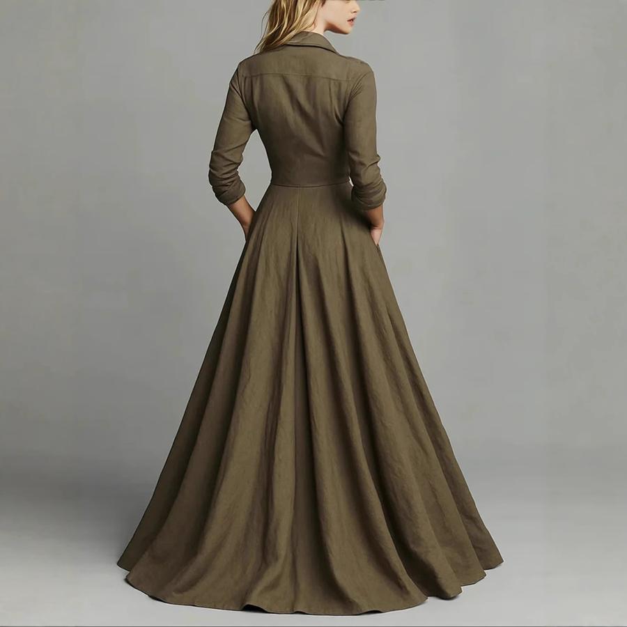 Women's Ins Style Solid Buttoned Shirt Collar Long Sleeve Maxi Dress