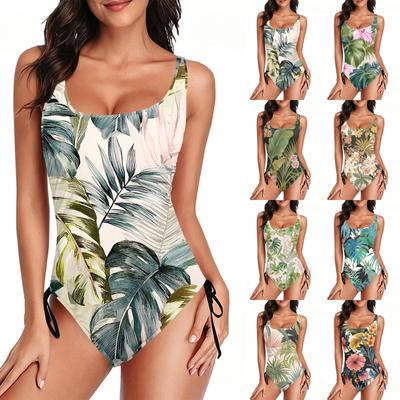 Women Swimsuit Leaf Print Bathing Suit Scoop Neck Adjustable Side Tie Athletic Swimwear for Beach Pool
