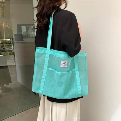 Women Mesh Large Capacity Hollow Out Beach Shoulder Bag Fashion Nylon Solid Color Shopper Tote Bag