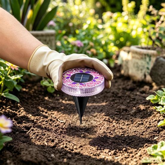 2Pcs Solar Mosaic Disc Lights Waterproof Pathway Lights Outdoor LED Garden Stake Lights Auto On/Off Solar Powered Lamps for Yard Lawn Driveway