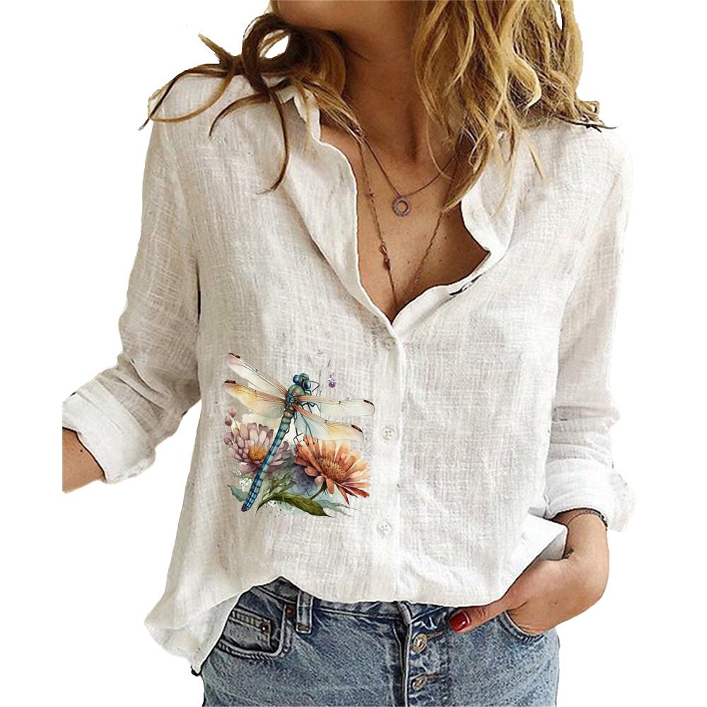 Women Fashion Cotton Linen Shirt Summer&fall Long Sleeve Top Ladies Printed Blouses