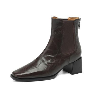 Sheep Skin Square Toe Winter Med Heels Chelsea Boots Women Zipper Retro Fashion Leisure Ankle Boots