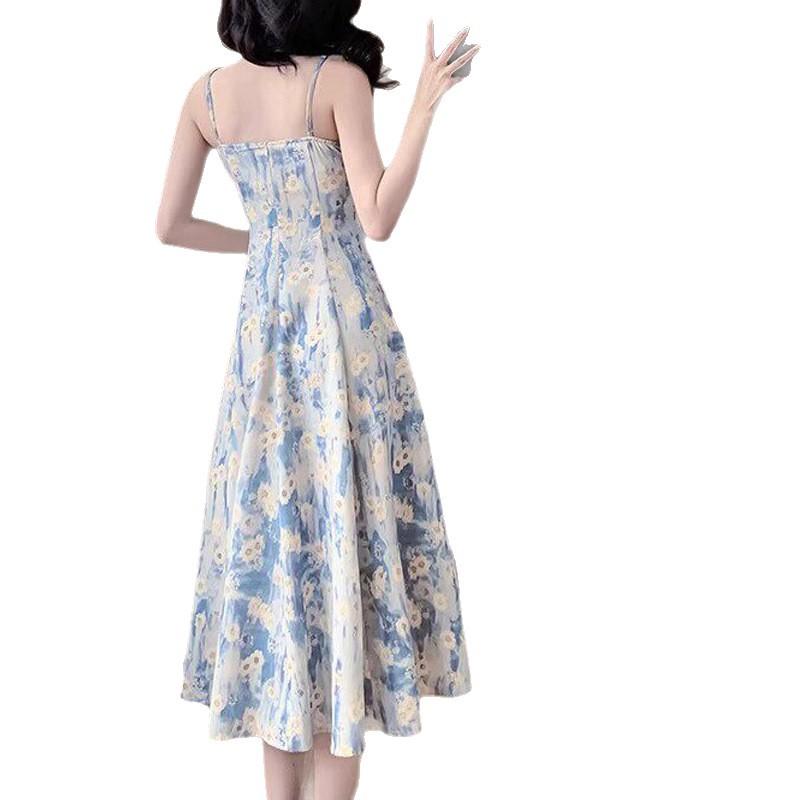 French blue floral suspender dress women's summer beads new holiday style fairy dress waist and thin temperament