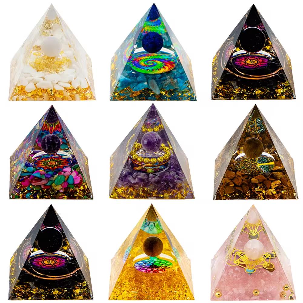 Energy Generator Orgone Pyramid Amethyst Peridot Healing Natural Crystal Reiki Chakra Generator Orgonite Pyramid Meditation Tool
