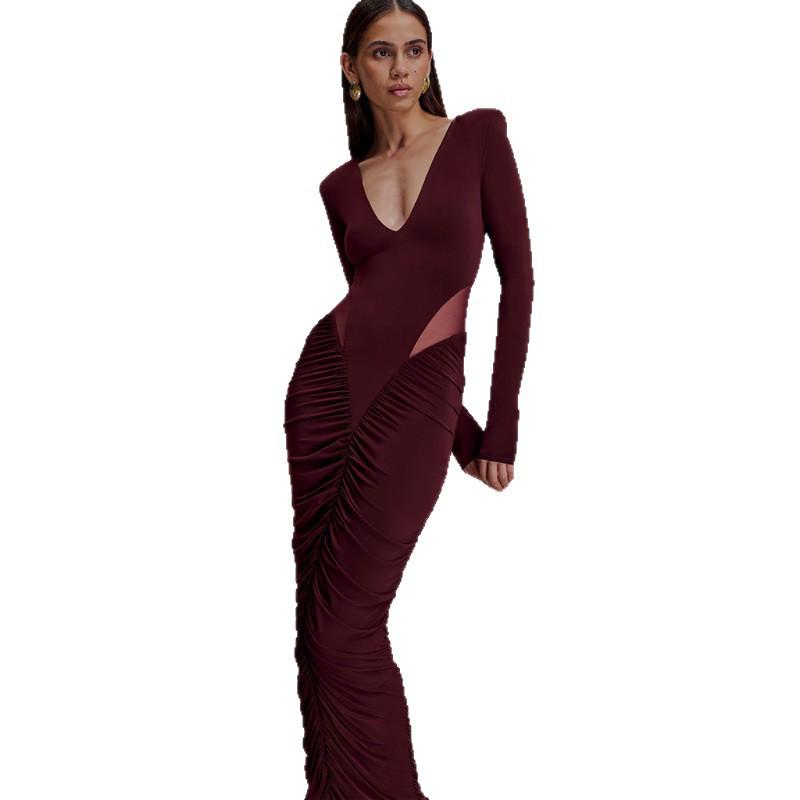 European Style 2025 Winter Deep V-neck Ruched Hollow-out Hip-hugging Dress for Women