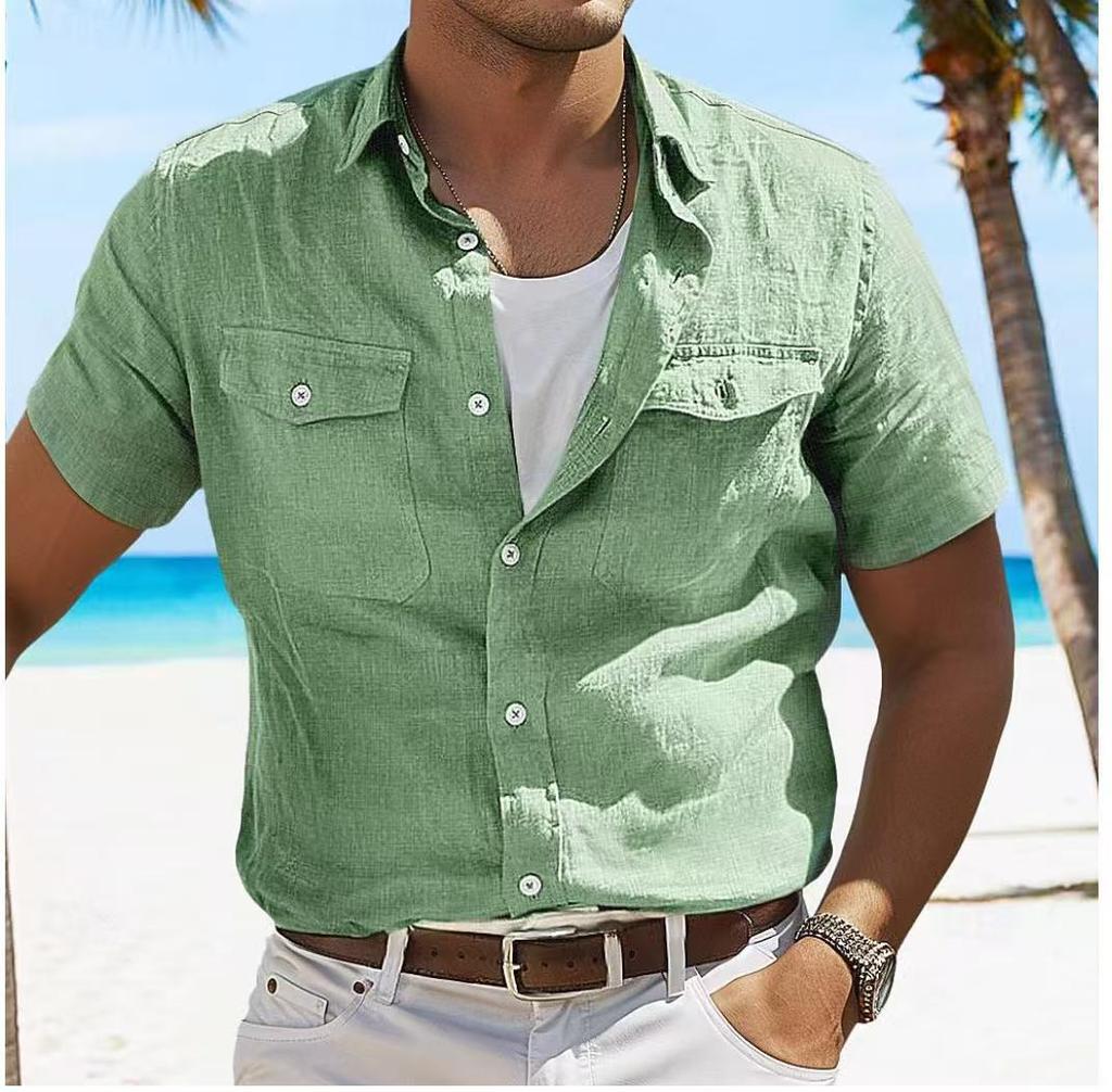Chemise d'été en lin pour homme Plage Couleur unie Revers Printemps Été Vêtements quotidiens Vêtements Poche