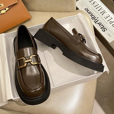 2025 New Autumn and Winter Leather Platform Loafers Women's Round Head Metal Buckle British Style Shilin Small Leather Shoes