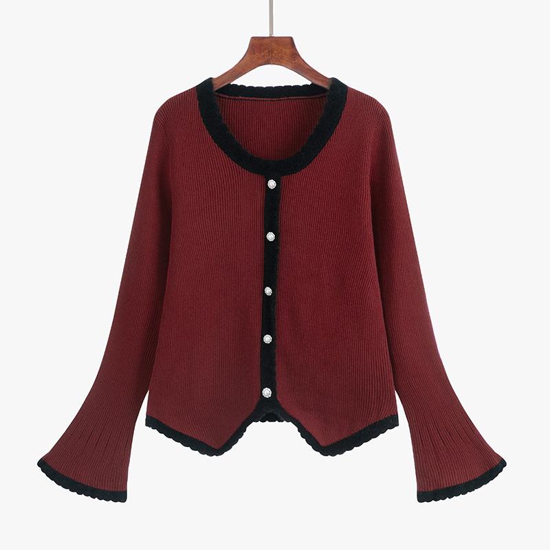 

Плюс Размер Женский Цвет Контрастный Расклешенные Рукава Свободный Темперамент Маленький Аромат Вязаный Свитер XXXL пурпурно красный