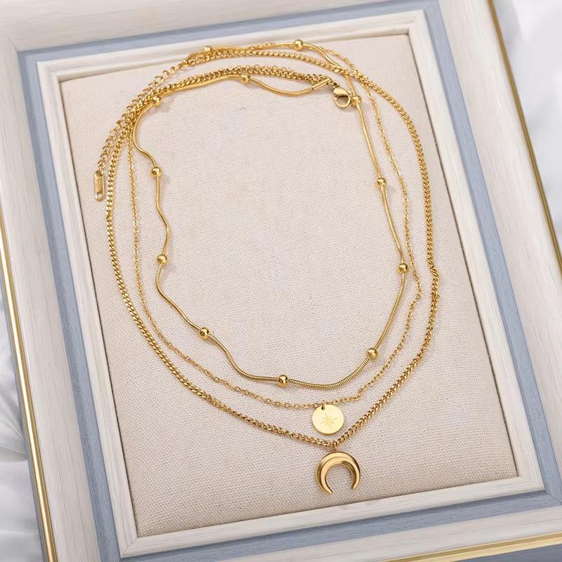 Titanium Steel Multi-layer Moon Disc Pendant Necklace Female Retro Style High-end Temperament Stacked Collarbone Chain