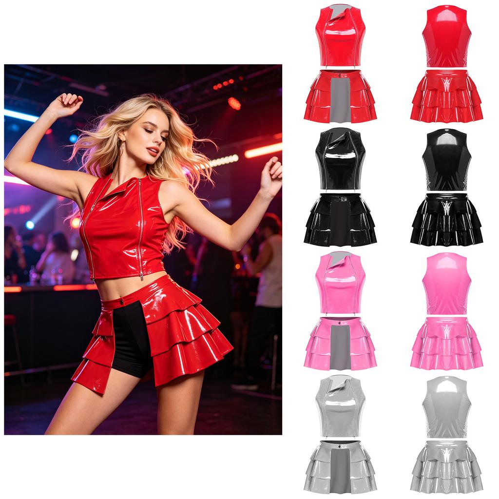 Women‘s Glossy PU Sleeveless Crop Top Front Twin Zippers and High Waist Tiered Ruffle Hem Miniskirt S-3XL Clubwear for Date Night