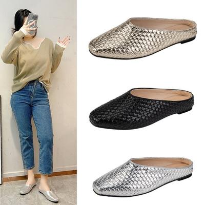 Lady's Denim Weaving Slippers Closed Toe Flat Shoes Slides Outdoor Shoes Simply Wide Fit 43-33 Black Red White Cute Shoes