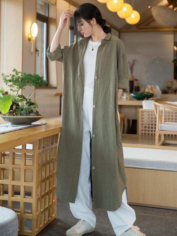 Vintage Linen Button Shirt Women Long Sleeve Blouse Solid Color Spring Long Shirts