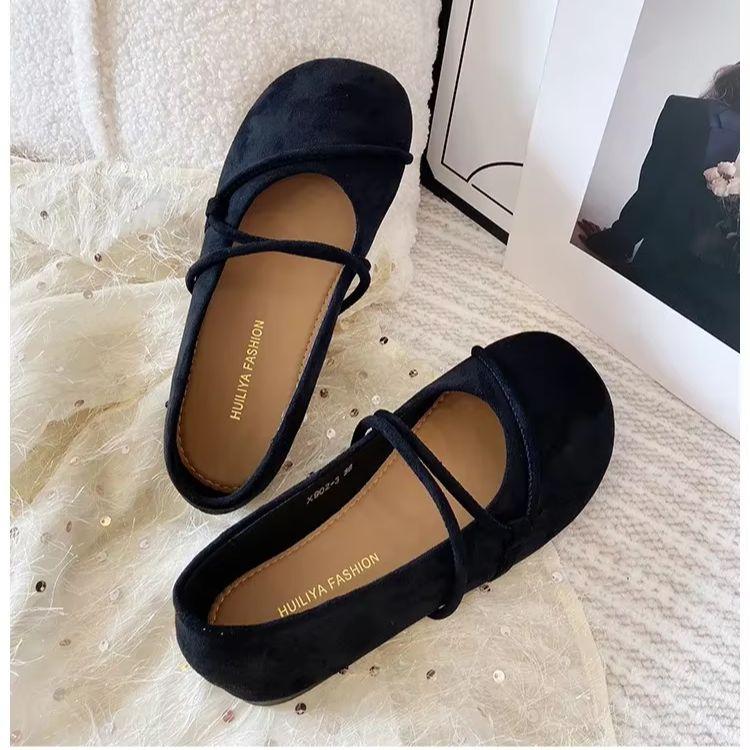 Women’s Black Suede Flat Shoes 2024 Fashion Thin Strap Shoe For Woman Round Head Closed Toe Shallow Mouth Flat Loafers Shoes