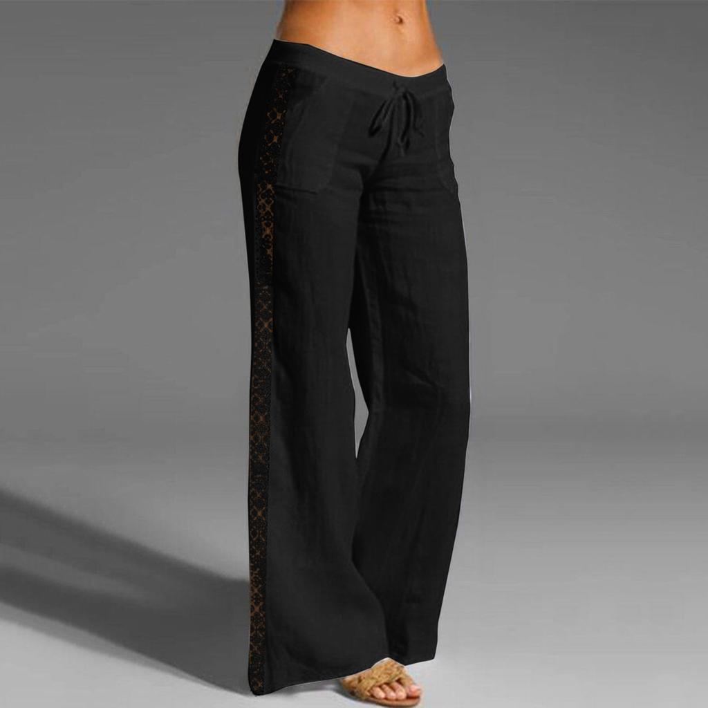 Women's Color High Waist Drawstring Pants Lace Stitching Cotton Linen Pocket Wide Leg Pants Casual Pants