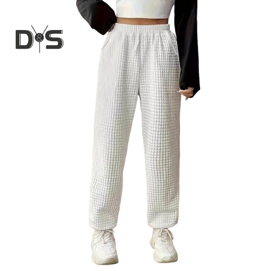 

Женские длинные брюки, эластичные, с высокой талией, прямые, широкие, повседневные брюки с карманами, однотонные, с вафельной текстурой, спортивные брюки S белый