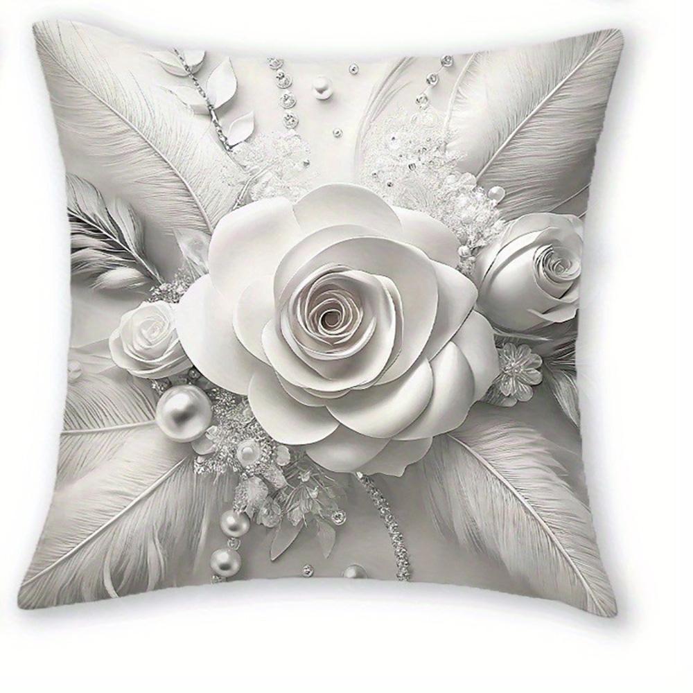 

Elegant White Rose and Feather Patterned Pillow Covers for Luxurious Home Decor Sofa cushion cover home room decoration 16x16Inch