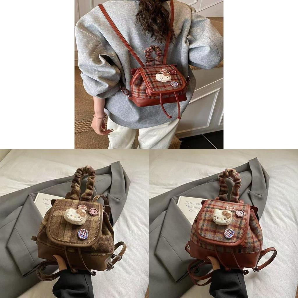 Hello Kitty Pu Backpack With Vintage Plaid Pattern For Commuting And Casual Outings