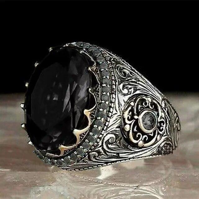 Retro Handmade Turkish Signet Rings for Men Ancient Silver Color Carved Ring Mystic Zircon Inlay New Punk Motor Biker Ring