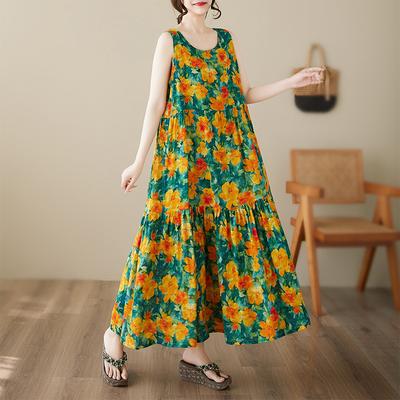 DIMANAF Plus Size Dress Summer Women Vintage Linen Elegant Style Sleeveless Floral Loose New Long Dress 8017