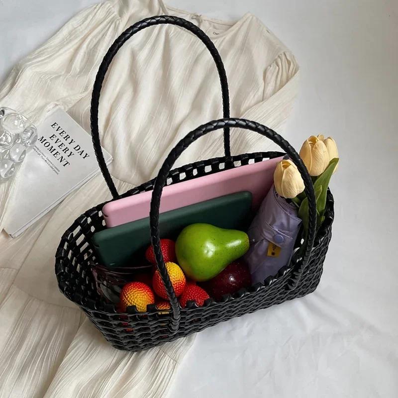 2025 Sommer Hohl-Strandtasche Für Damen Modekorb Wiederverwendbare Einkaufstaschen Designer Gewebte Handtasche Urlaubstasche Schwarz Bolso