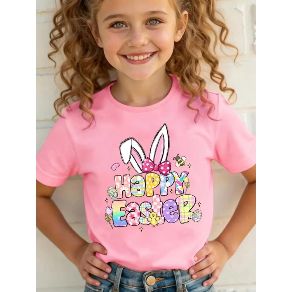 2026 Happy Easter T-Shirt for Girls Bunny Cute Rabbit Ear Letter Graphic Summer Tee Boys Girls Short Sleeve Children's Clothing