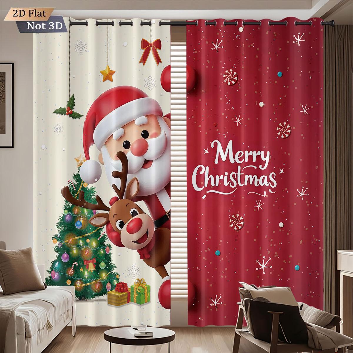 

Room Darkening Merry Christmas Santa Claus Print Perforated Curtains Multiple Sizes Living Bedroom Insulation Decoration Curtain Set Of 2 Made W100*H70(CM)-Rod Pocket&2PCS