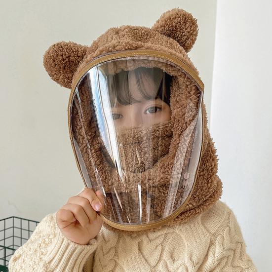 Children Hat with Soft Bear Ears Anti-Fog Lenses Fluffy Plush Windproof Detachable Lenses Cold-resistant Winter Hat