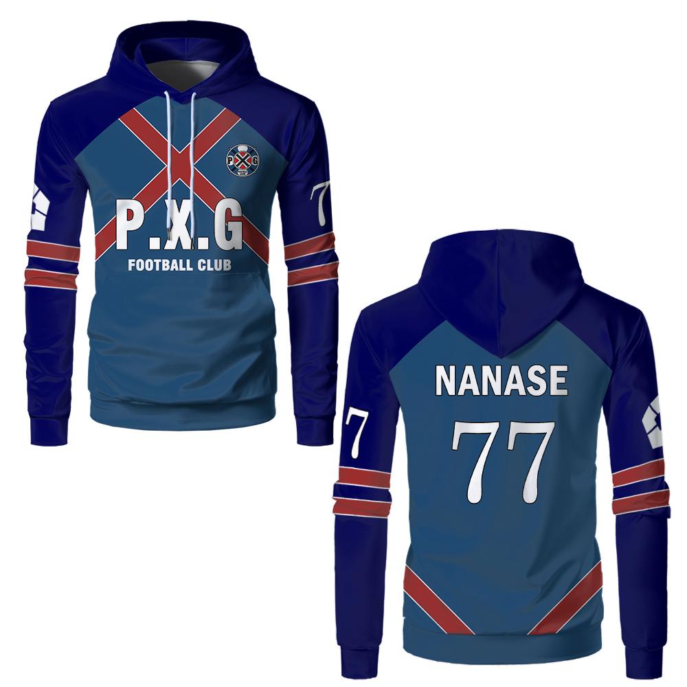 Japonské anime Blue Lock PxG Tým Rin Dres týmové uniformy, pět kusů, jednostranný sportovní dres, fotbalový dres s kapucí, cosplay