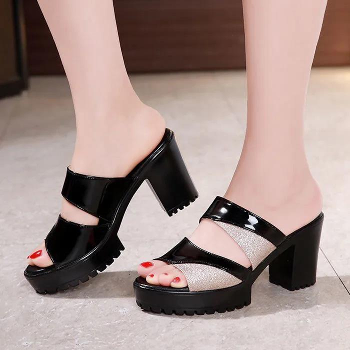 Women's Spring and Summer Large Size Fish Mouth High Heel Slippers Thick Middle Heel Casual Cool Sandals