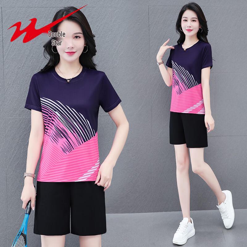 Shuangxing Women s Ice Silk Quick-Dry Short Sleeve  Shorts Sportswear Set 4XL