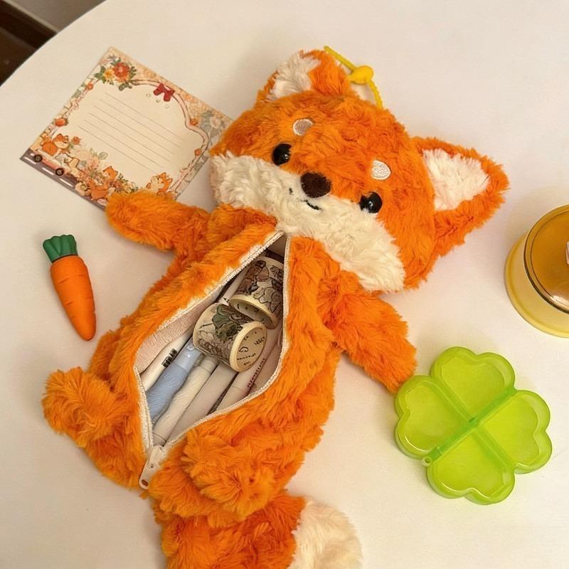 Cute New Fox Plush Pencil Bags Cute Kawaii Animals Pen Case Student Fun Cartoon Stationery Cute Anime Storage Bag For Friends Gift