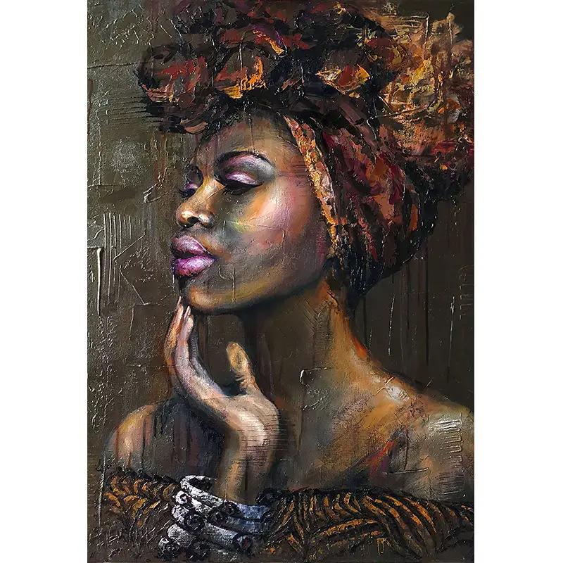 African Art Black and Gold Woman Oil Painting On Canvas Picture for Living Room Contemplator Posters and Prints Scandinavian
